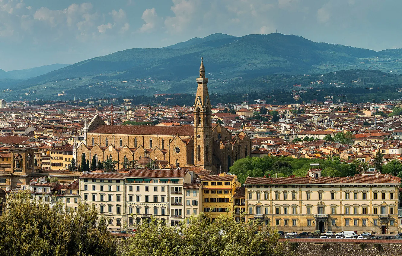 Photo wallpaper mountains, the city, river, home, Italy, panorama, Florence, Italy