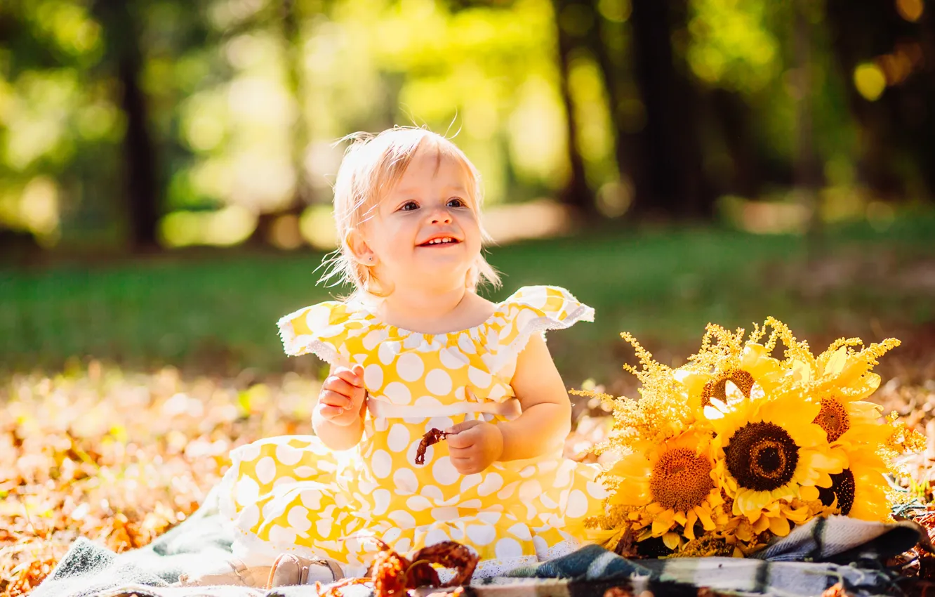Photo wallpaper sunflowers, children, girl, baby