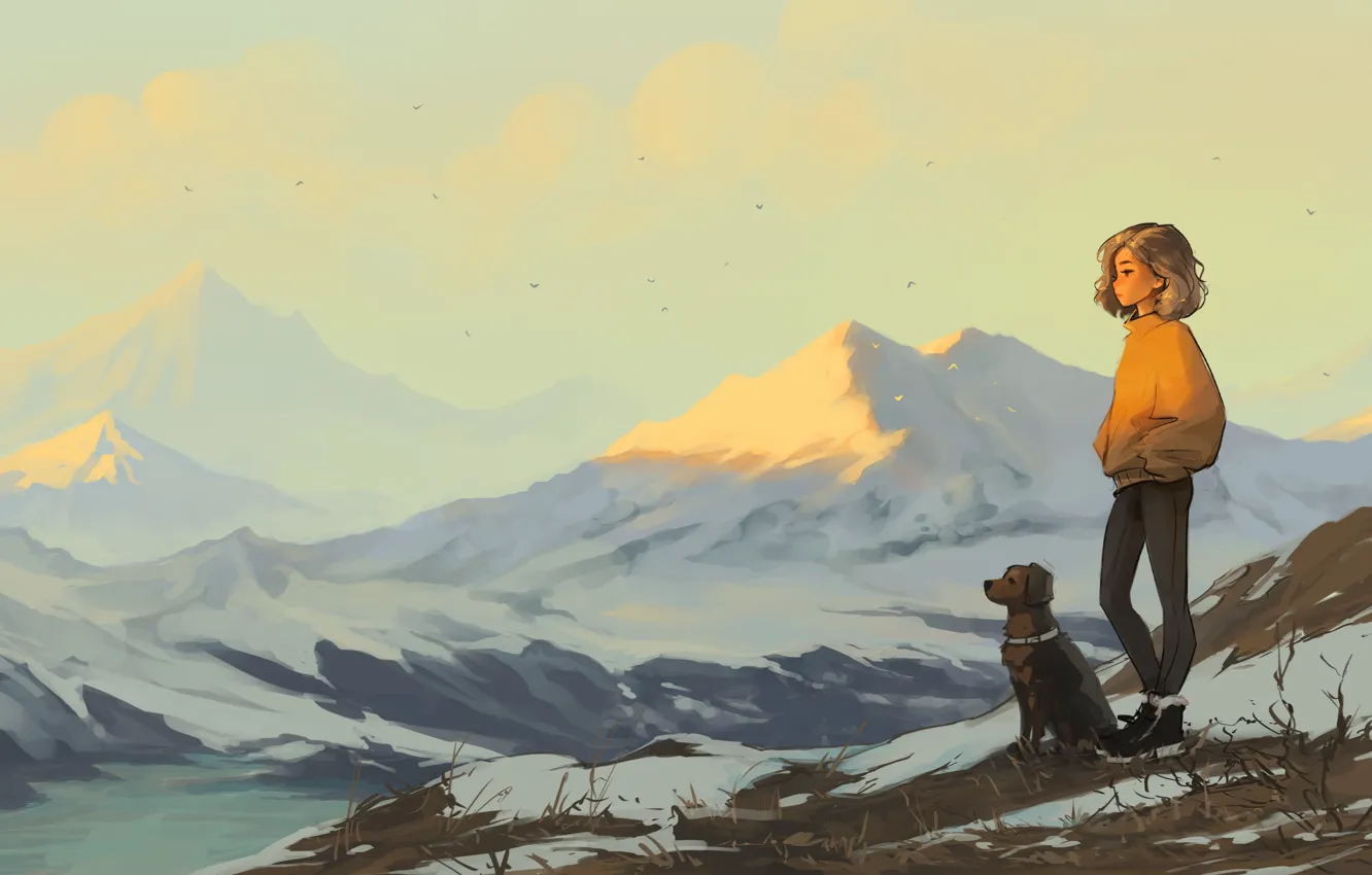 Photo wallpaper animals, landscape, nature, dog, mountains, snow, birds, women