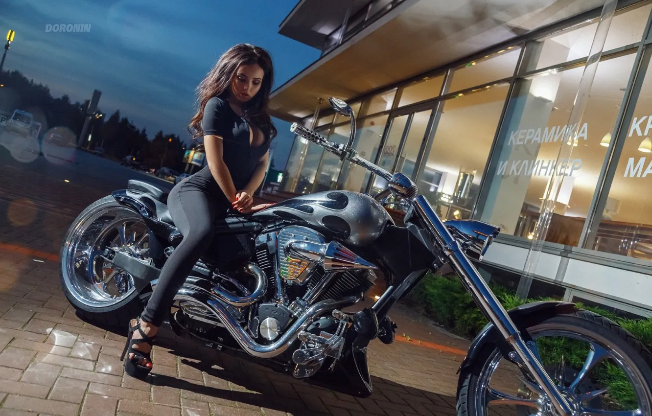 Photo wallpaper pose, the evening, figure, brunette, hairstyle, costume, motorcycle, shoes