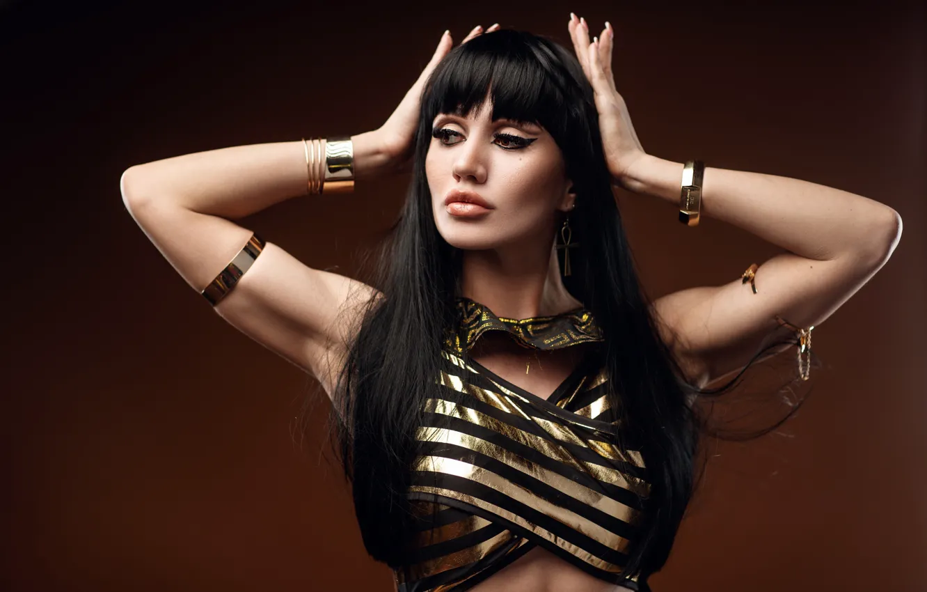 Photo wallpaper girl, pose, style, background, hands, makeup, brunette, bracelet