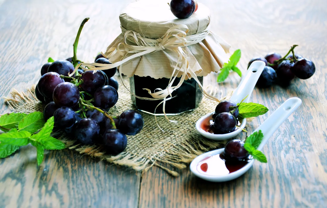 Photo wallpaper grapes, spoon, Bank, mint, jam