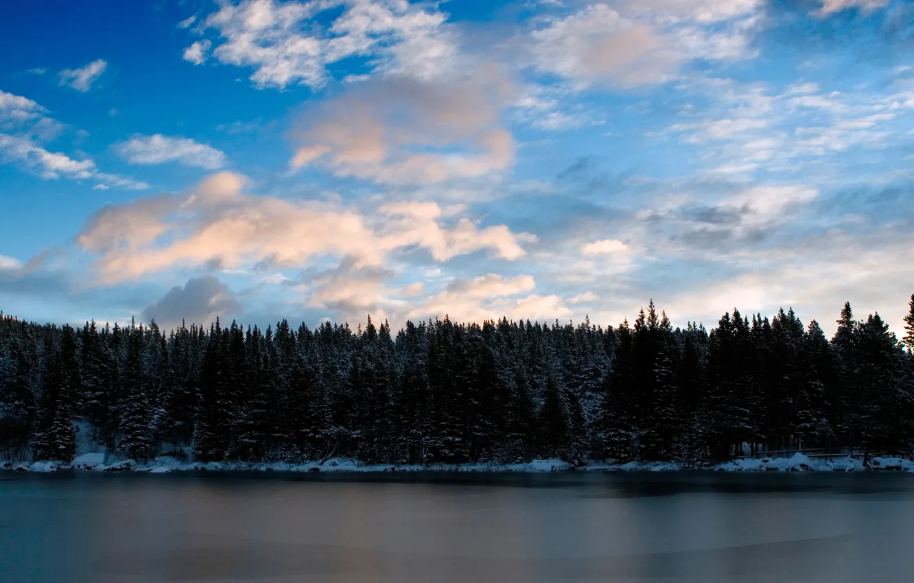 Photo wallpaper water, clouds, trees