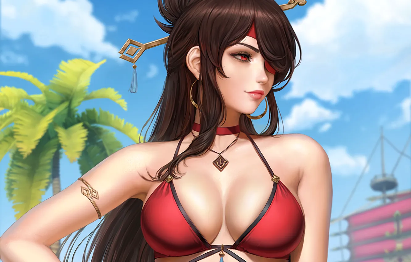 Photo wallpaper girl, sexy, cleavage, long hair, boobs, anime, beautiful, pretty