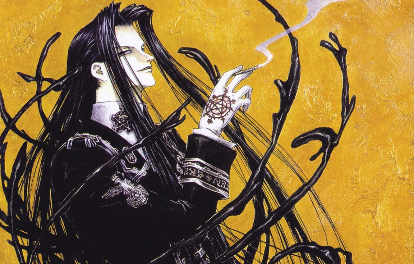 Photo wallpaper smoke, cigarette, gloves, trinity blood, pentagram, long hair, grin, art