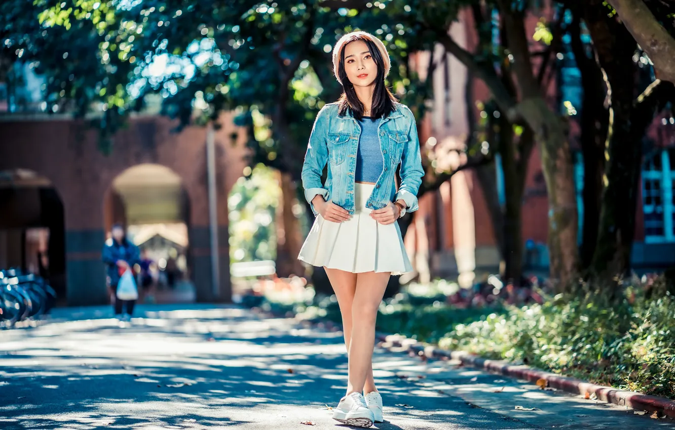 Photo wallpaper girl, street, Asian, denim jacket, white skirt, summer day