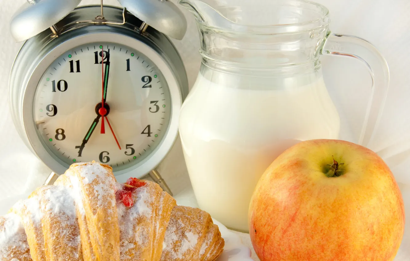 Photo wallpaper apples, Breakfast, milk, alarm clock, pitcher, jam, bagel