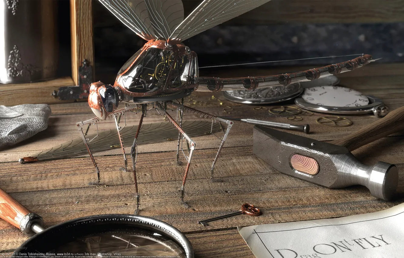 Photo wallpaper table, dragonfly, key, hammer, magnifier, Denis Tolkishevsky, mechanisms