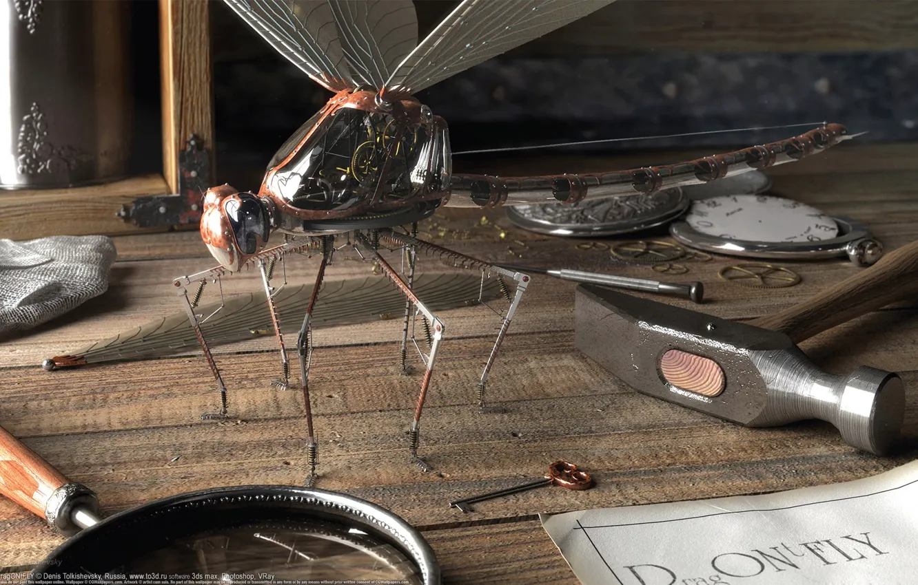 Photo wallpaper table, mechanism, dragonfly, key, hammer, magnifier, Denis Tolkishevsky