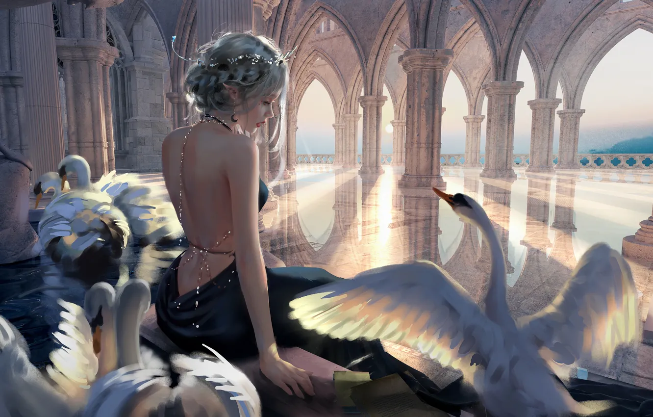 Photo wallpaper swans, back, girl, dress