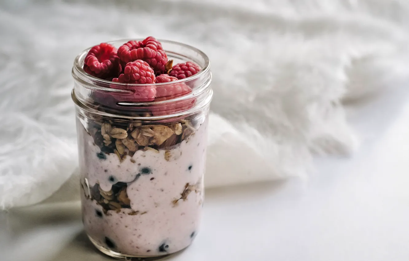 Photo wallpaper raspberry, food, Breakfast, nuts, muesli, yogurt