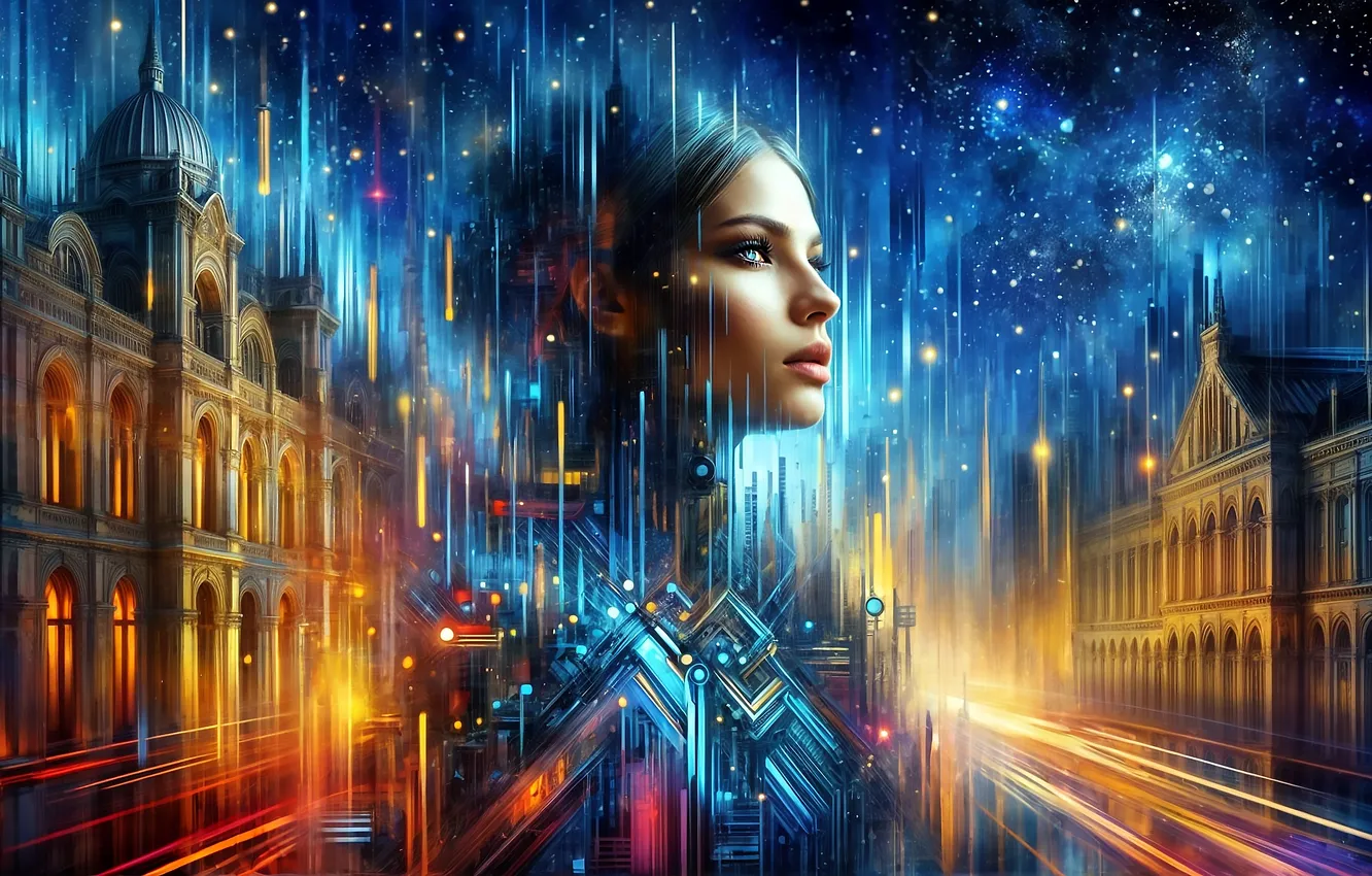 Photo wallpaper look, girl, stars, night, the city, lights, future, fiction