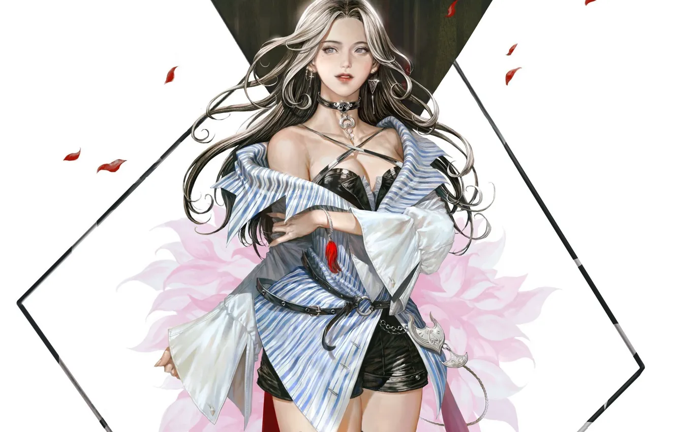 Photo wallpaper look, girl, decoration, face, pose, background, makeup, petals