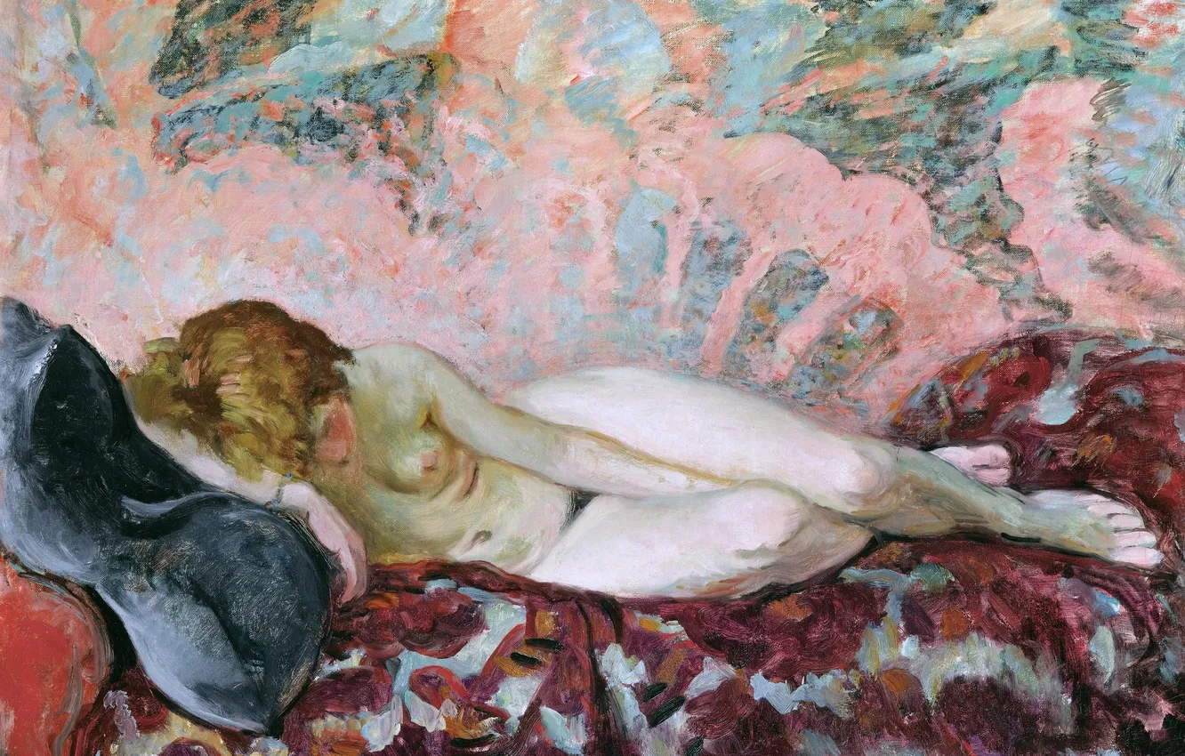 Photo wallpaper Girl, Picture, Bed, Naked, Henri Lebasque, Henri Lebacq, French artist, Model's vacation