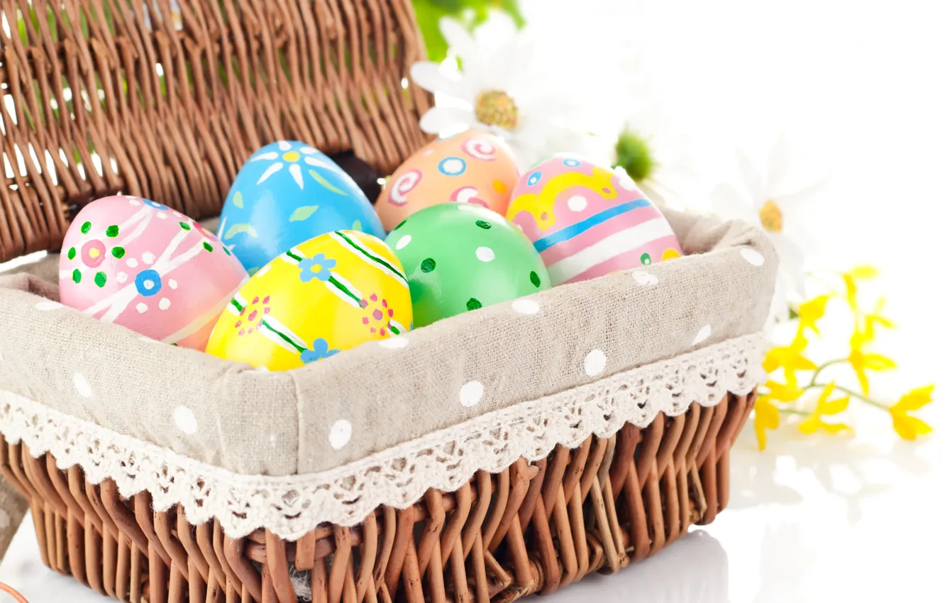 Photo wallpaper flowers, background, basket, eggs, spring, colorful, Easter, holidays