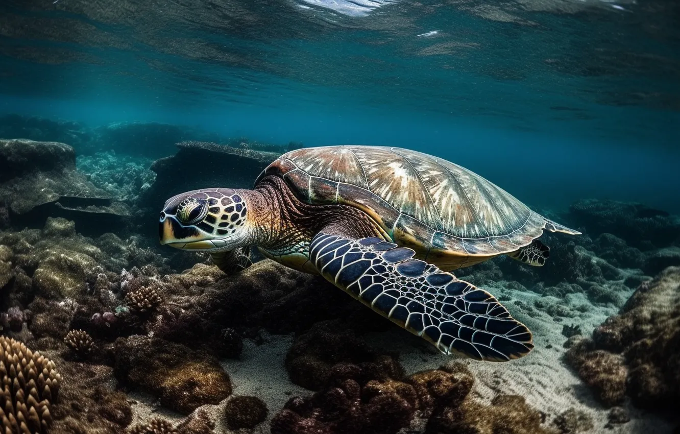 Photo wallpaper sea, turtle, sea turtle, AI art, neural network