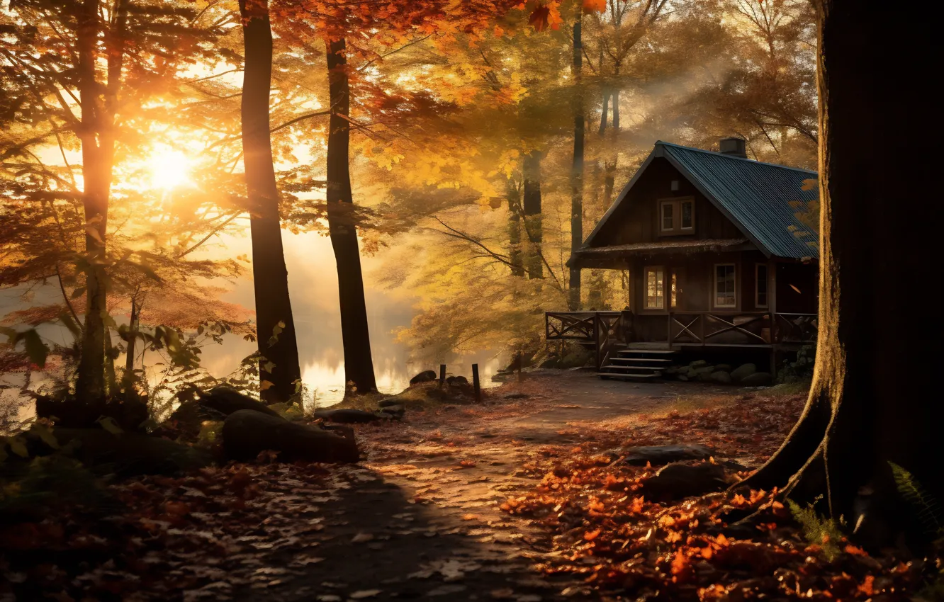 Photo wallpaper autumn, forest, the sun, light, trees, fog, house, Park
