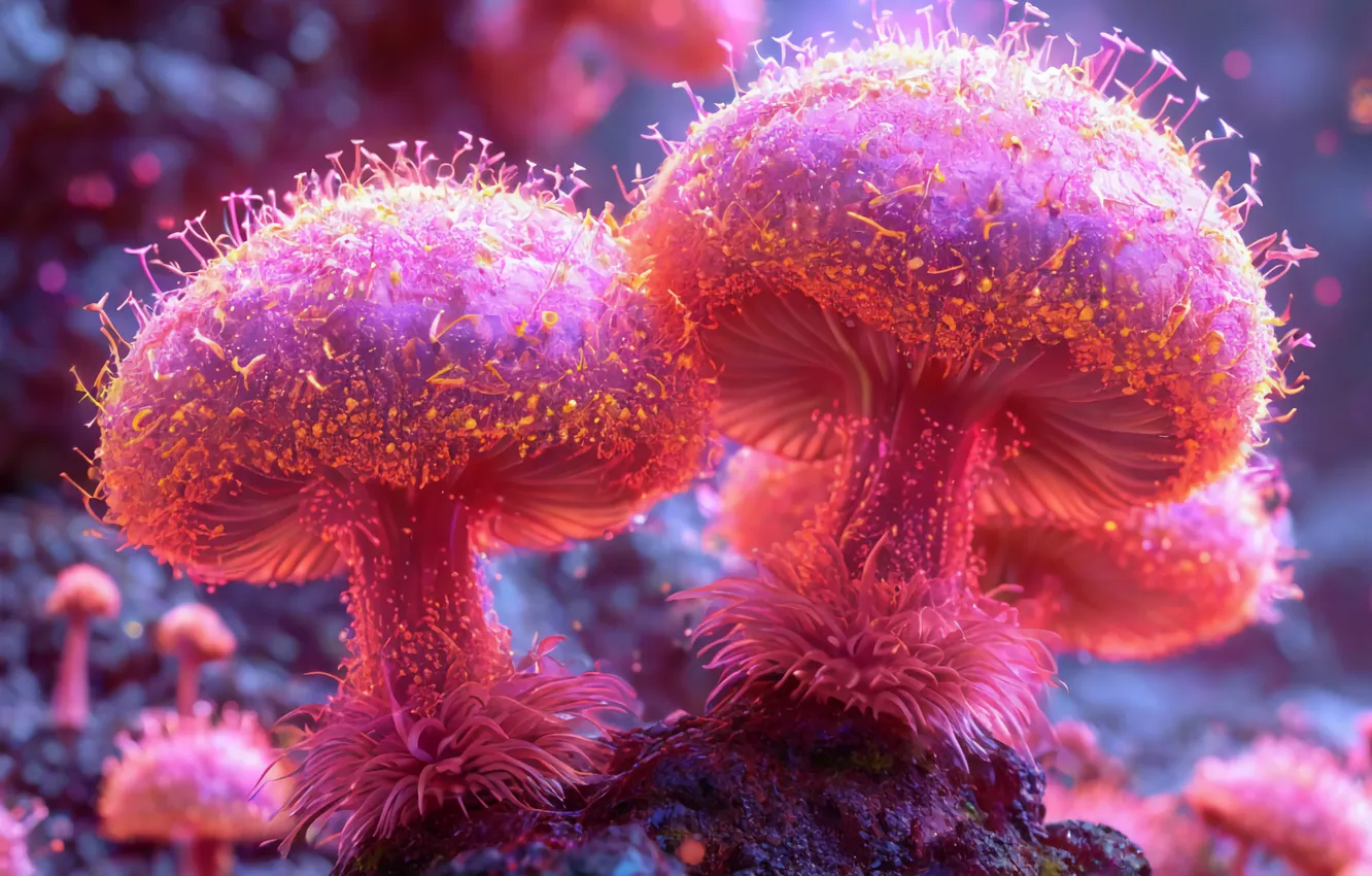 Photo wallpaper mushrooms, pink, neon, AI ART, Masterpiece