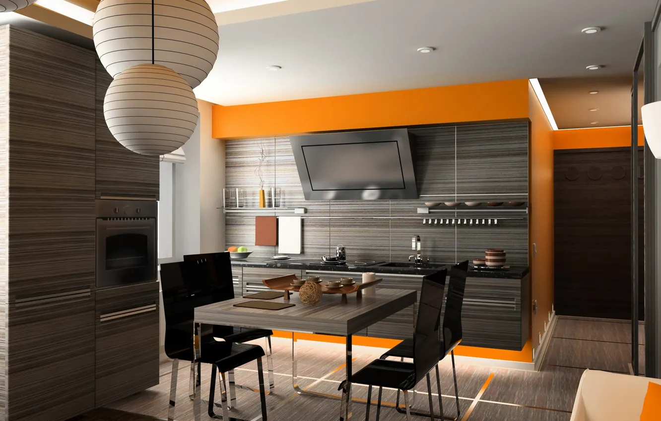 Photo wallpaper design, photo, table, interior, chair, kitchen, 3D Graphics