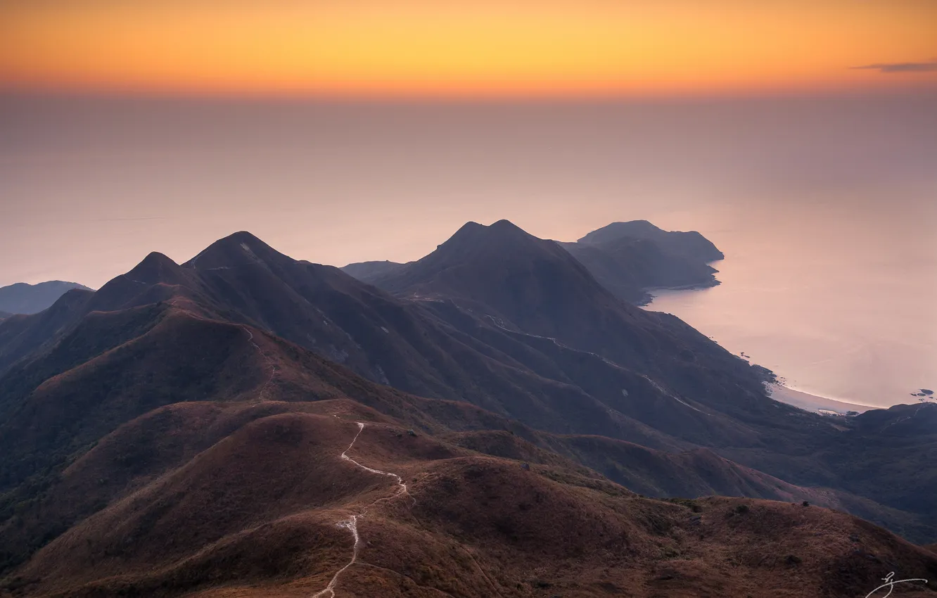 Photo wallpaper mountains, hills, Hong Kong, morning, China, Sharp Peak