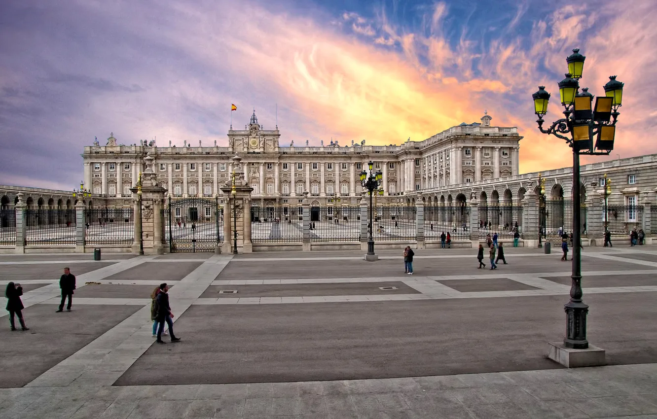 Photo wallpaper the sky, clouds, area, lantern, Spain, Palace, Madrid, Royal palace of Madrid