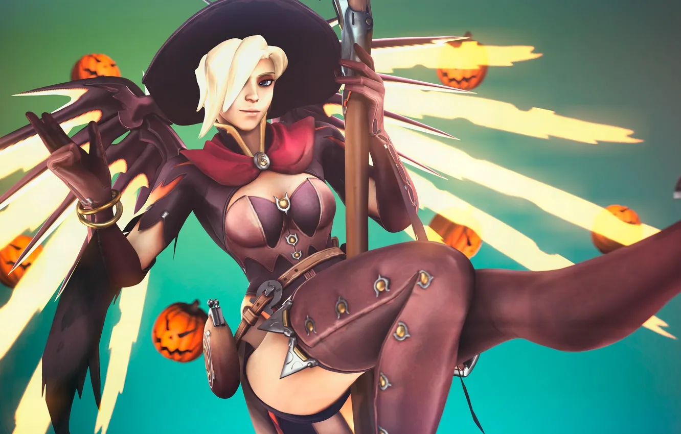 Photo wallpaper girl, holiday, wings, hat, Halloween, witch, Overwatch, Mercy