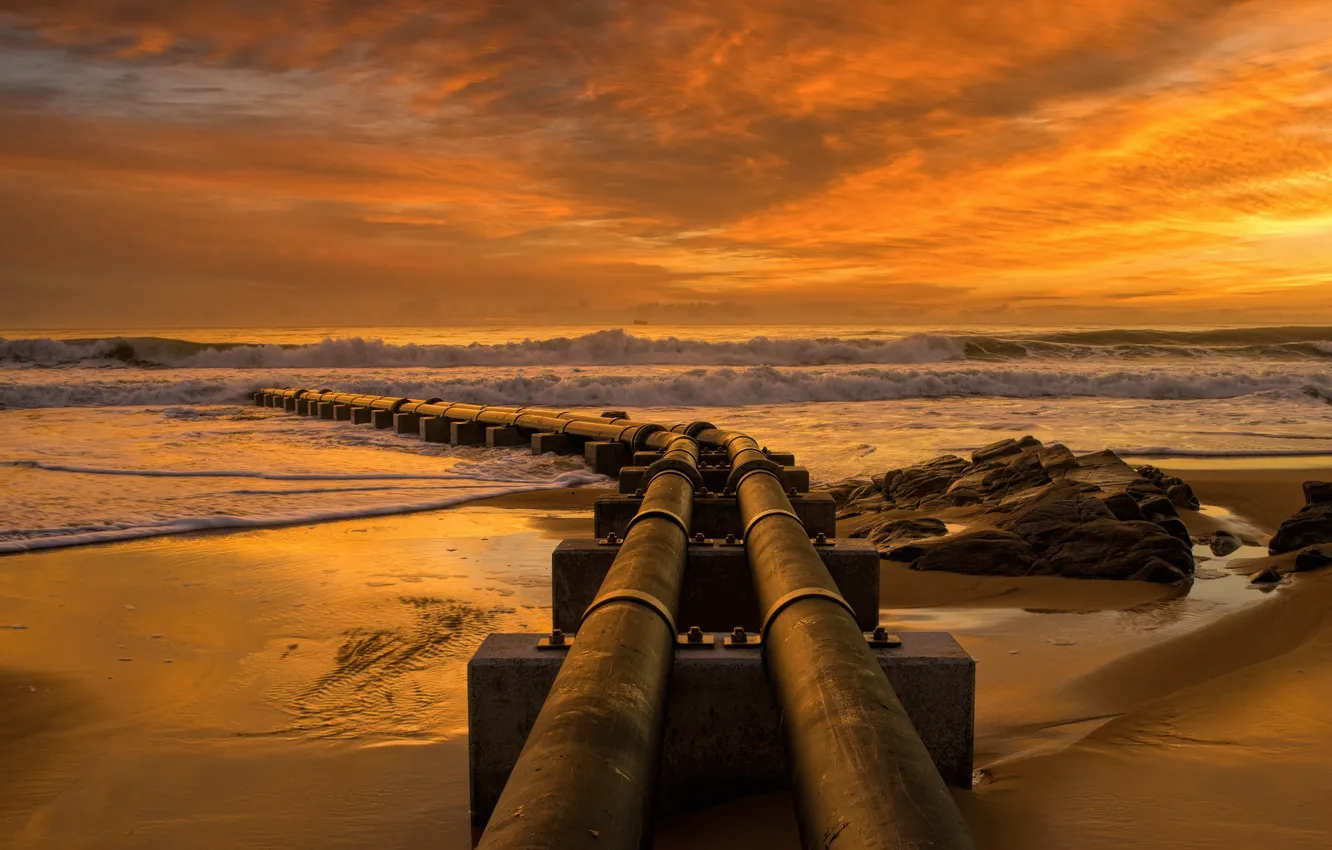 Photo wallpaper sea, sunset, shore, pipe