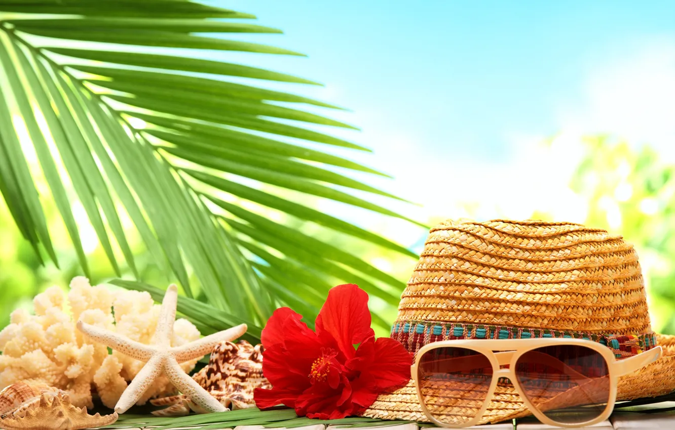 Photo wallpaper sea, beach, flowers, palm trees, hat, shell