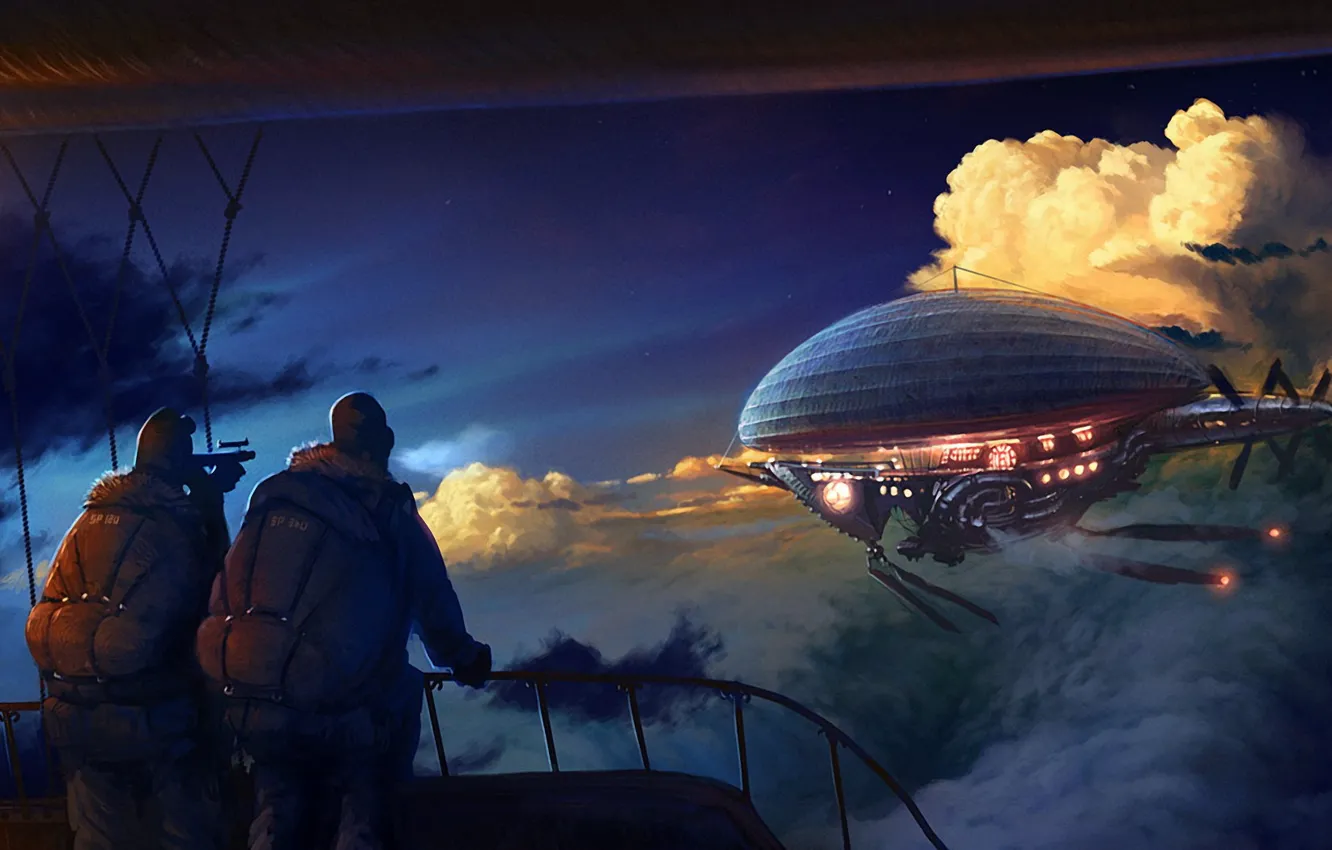 Photo wallpaper clouds, figure, people, the airship, 158
