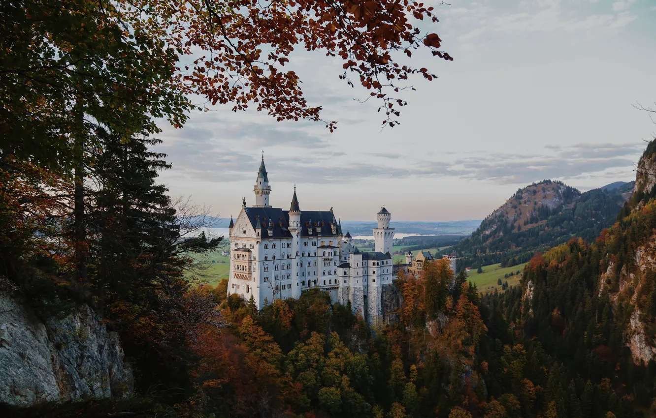 Photo wallpaper trees, Germany, wood, clouds, rocks, castle, building, Autumm