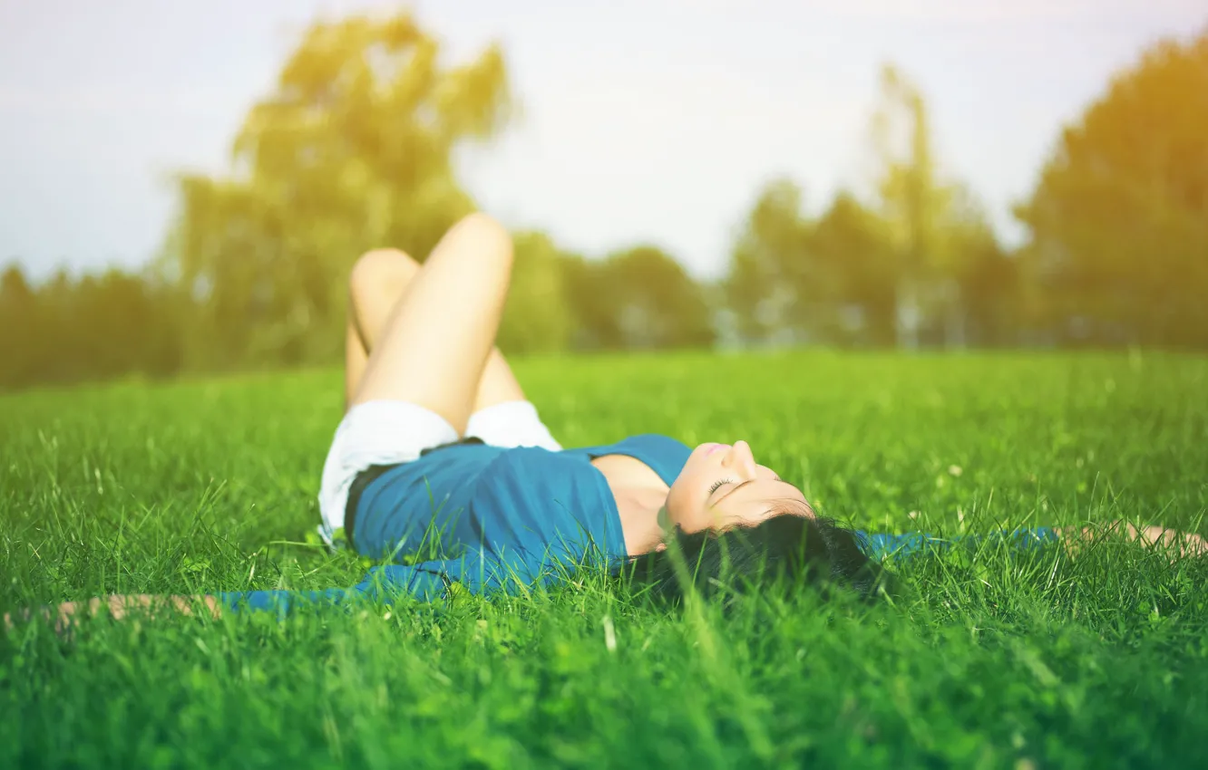 Photo wallpaper greens, grass, girl, nature, situation, stay, Wallpaper, mood