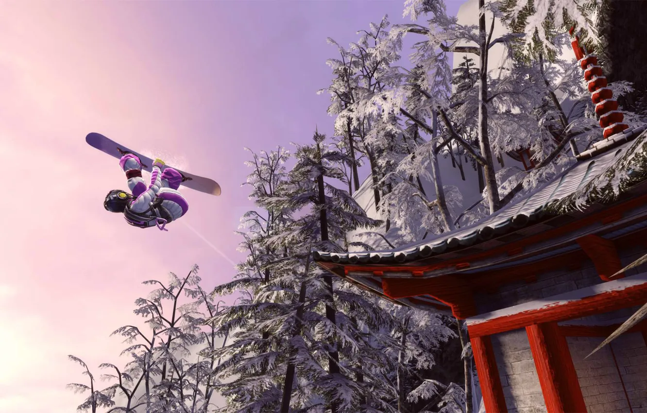 Photo wallpaper roof, snowboard, Japan, pagoda, in the sky, trees in the snow, somersault