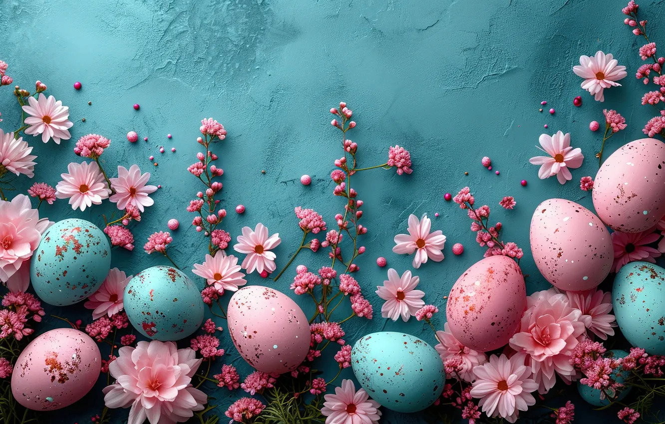 Photo wallpaper flowers, eggs, spring, colorful, Easter, happy, pink, blossom