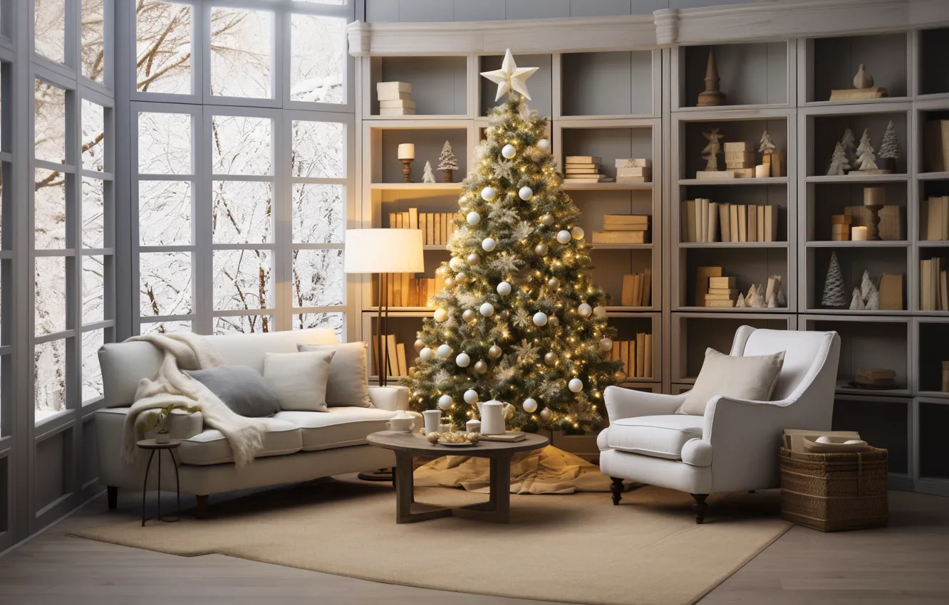 Photo wallpaper decoration, house, room, sofa, balls, tree, interior, New Year