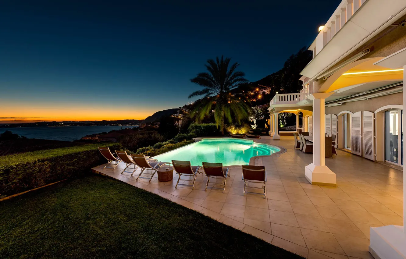 Photo wallpaper the city, palm trees, Villa, the evening, pool, lighting, architecture, terrace