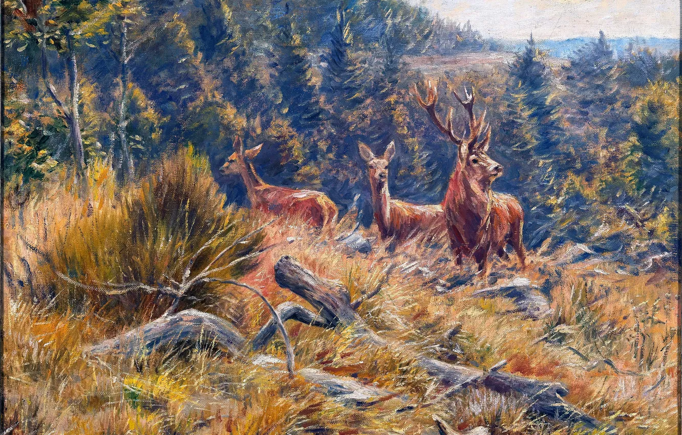 Photo wallpaper Trees, Picture, Horns, Deer, German artist, Wilhelm Lorenz, Wilhelm Lorenz, Deer with doe in a …