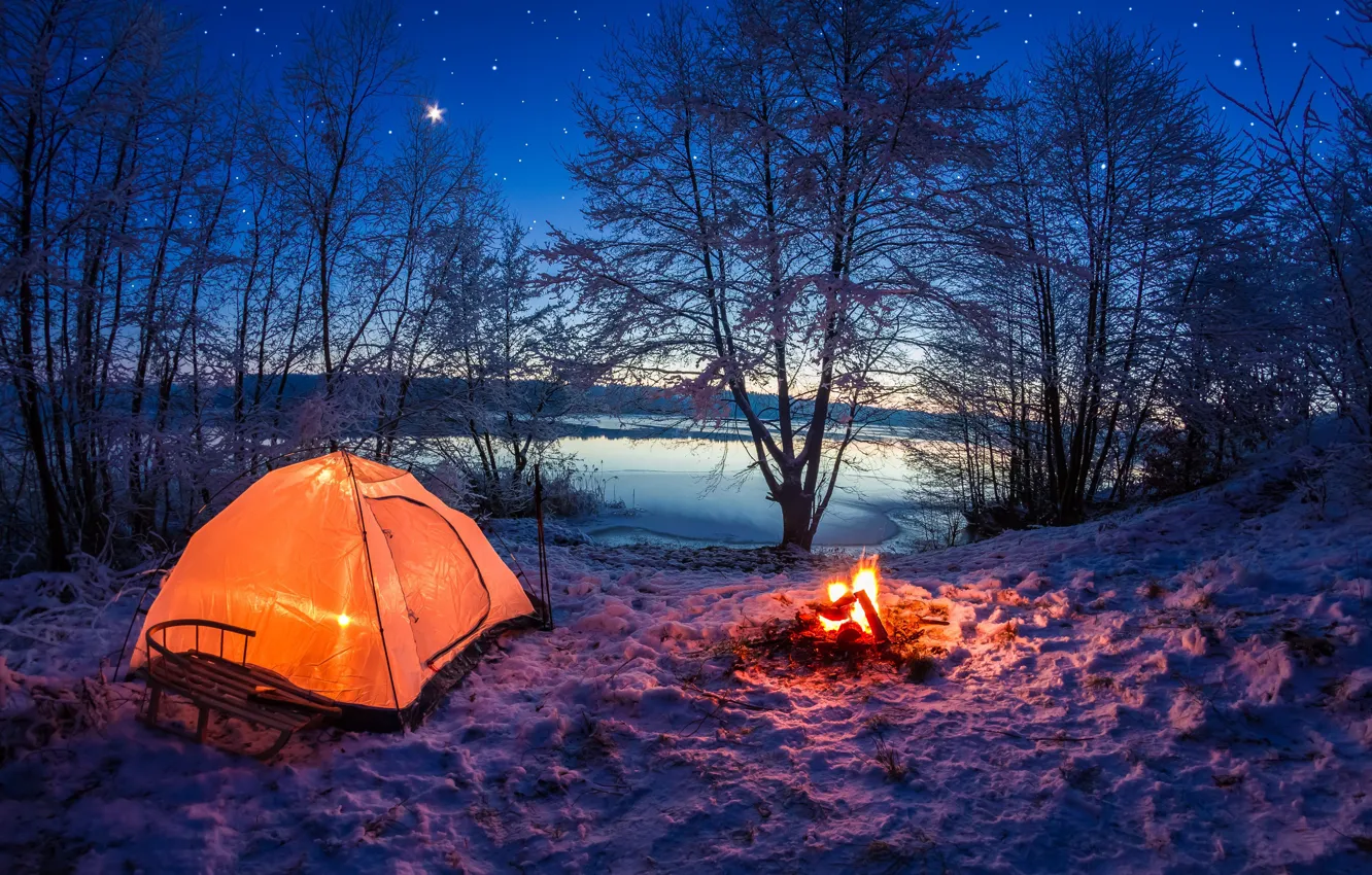 Photo wallpaper winter, the sky, stars, snow, lake, the evening, the fire, tent