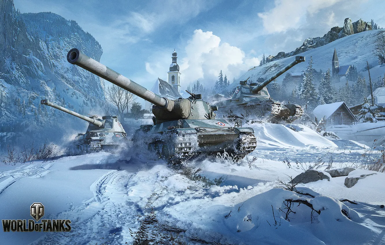 Photo wallpaper snow, mountains, village, tanks, World of Tanks