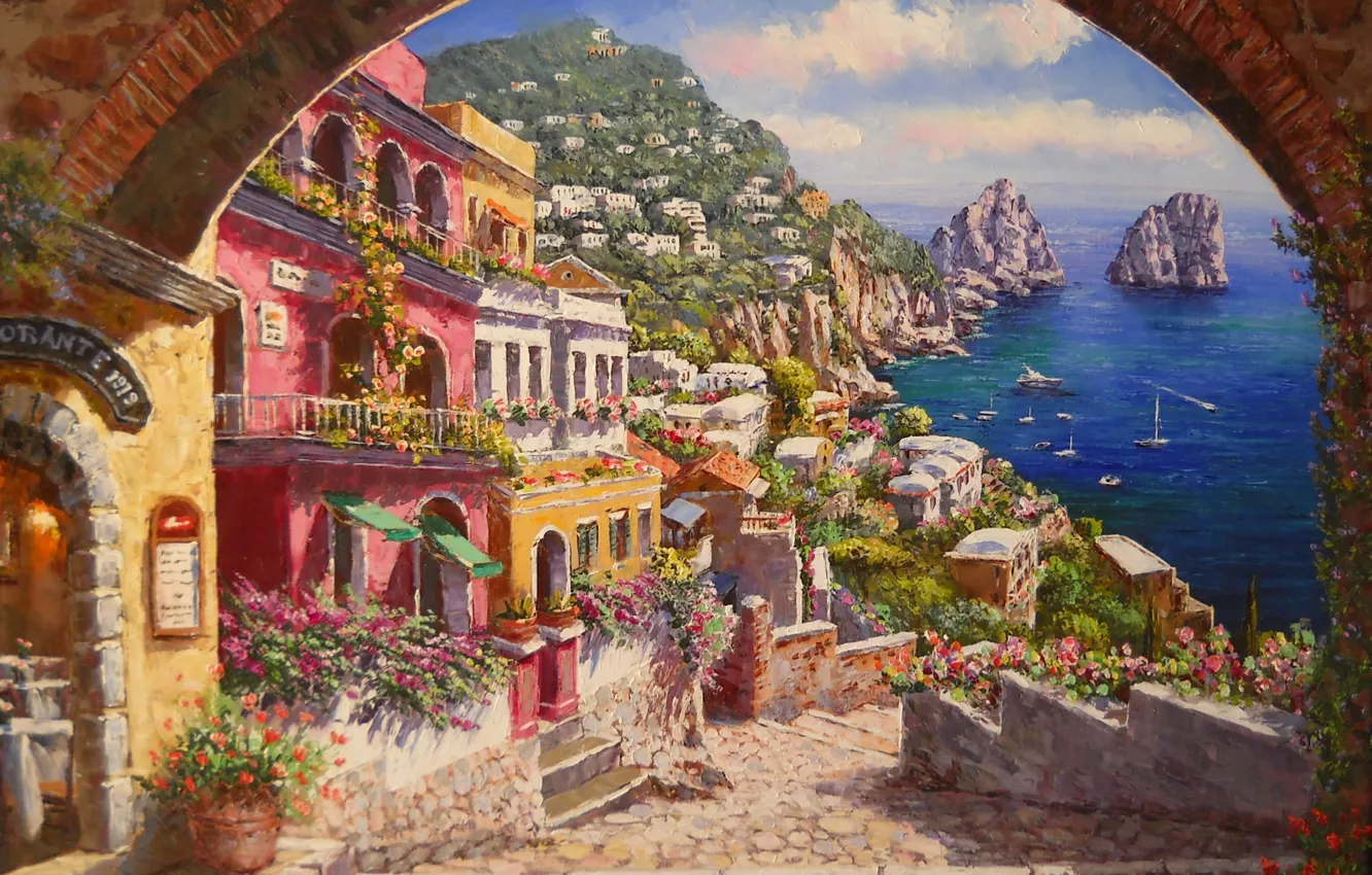 Photo wallpaper picture, painting, painting, Sung Kim, Italian coast, evening in Capri