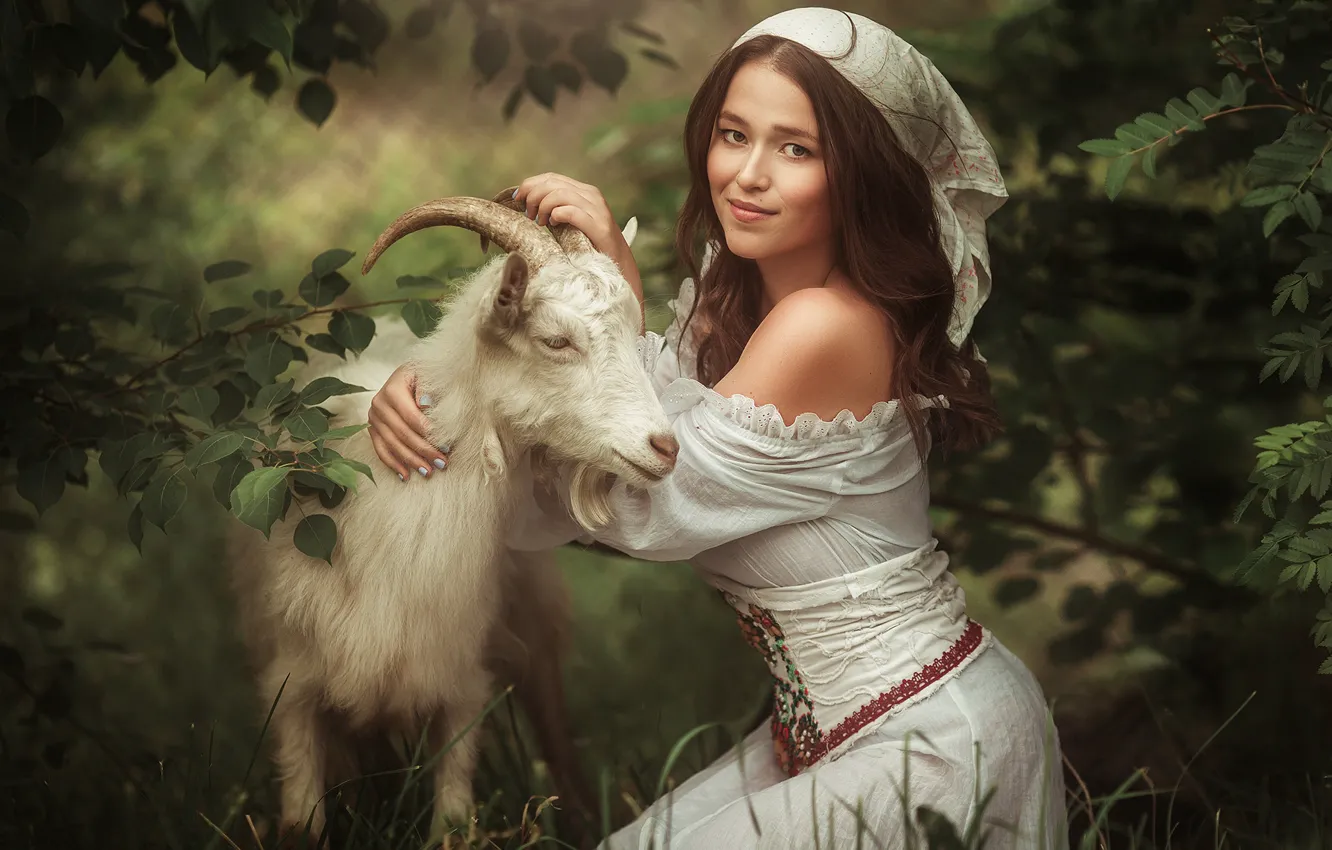 Photo wallpaper girl, goat, Alina Ivanova