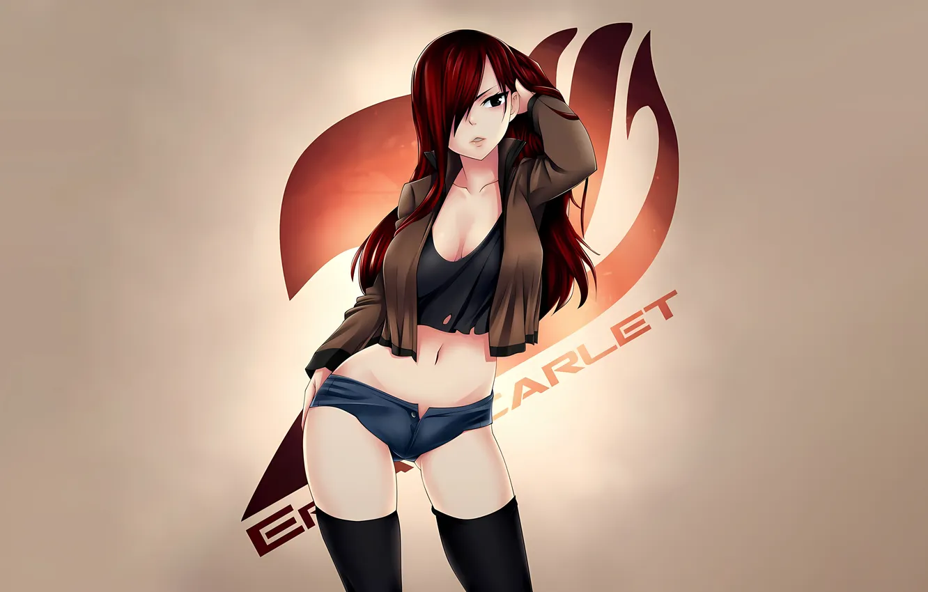 Photo wallpaper girl, sexy, cleavage, shorts, thighhighs, long hair, boobs, sexy girl