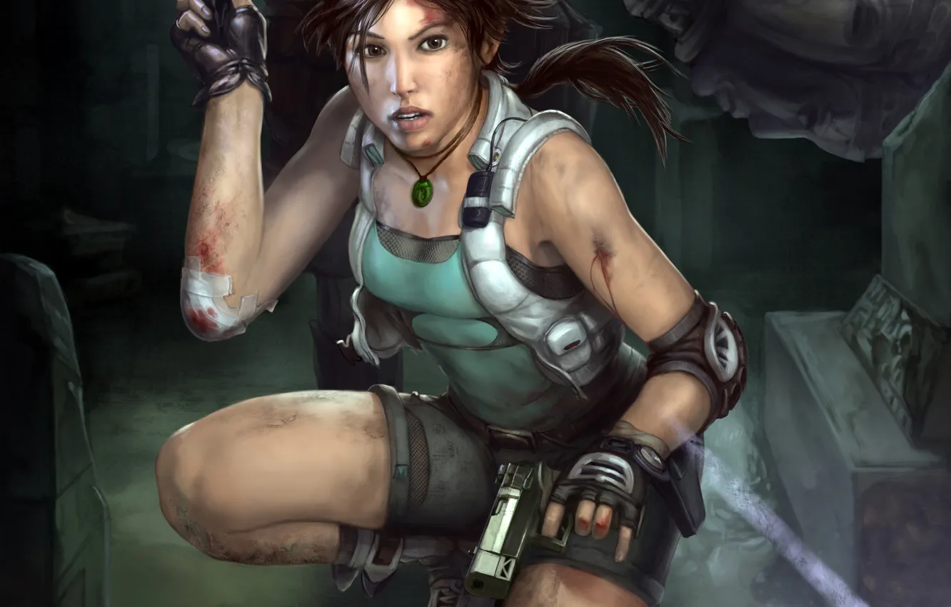 Photo wallpaper look, girl, face, weapons, blood, guns, the game, shorts