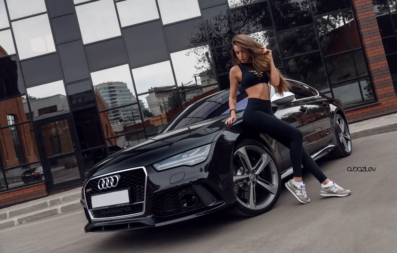 Photo wallpaper machine, glass, girl, pose, reflection, Audi, street, building