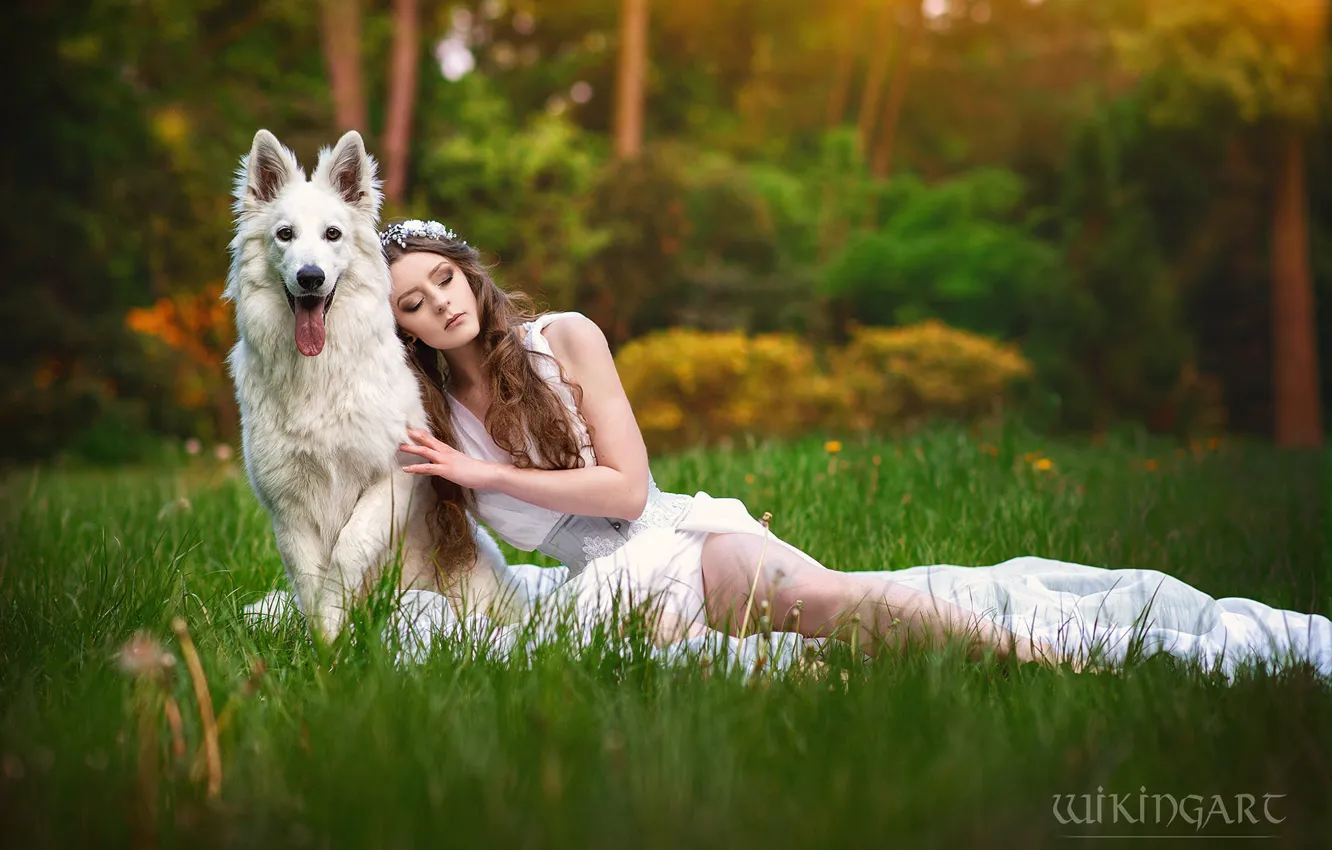 Photo wallpaper girl, nature, pose, style, glade, dog, makeup, costume