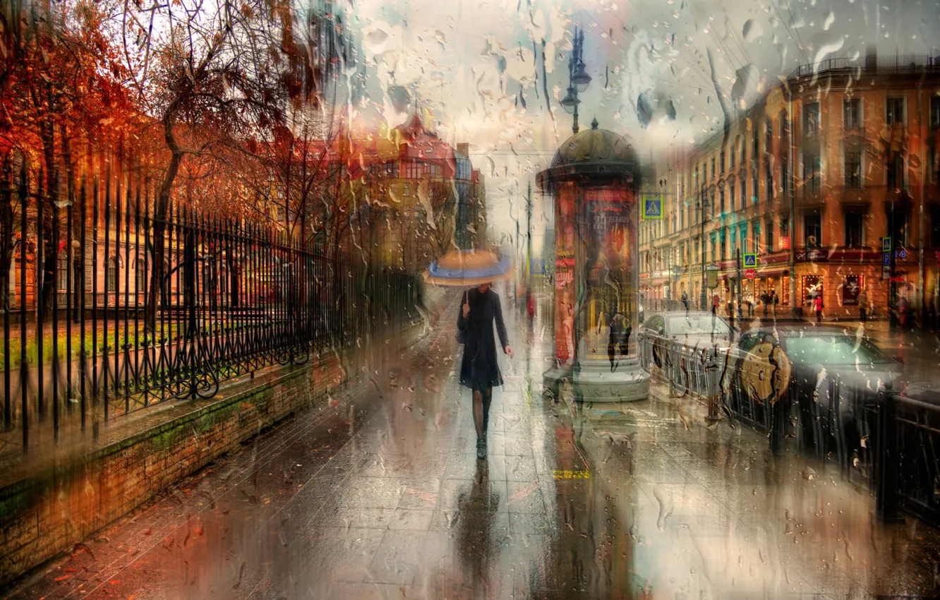 Photo wallpaper autumn, girl, drops, the city, rain, umbrella, walk, Russia
