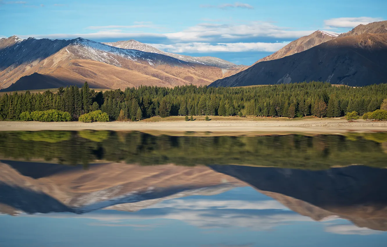 Photo wallpaper forest, the sky, clouds, mountains, lake, reflection, blue, hills