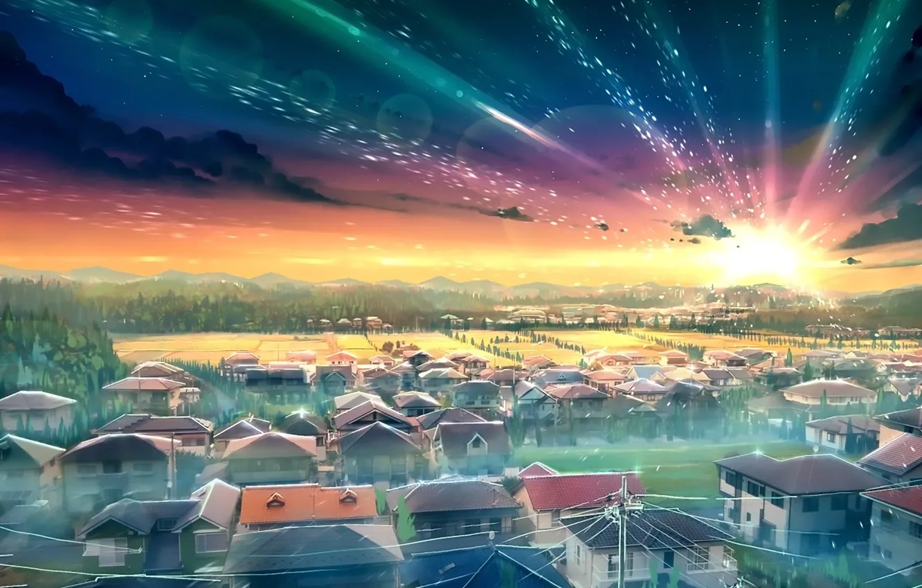 Photo wallpaper Japan, the rays of the sun, sunrise, the roofs of the houses, panorama city