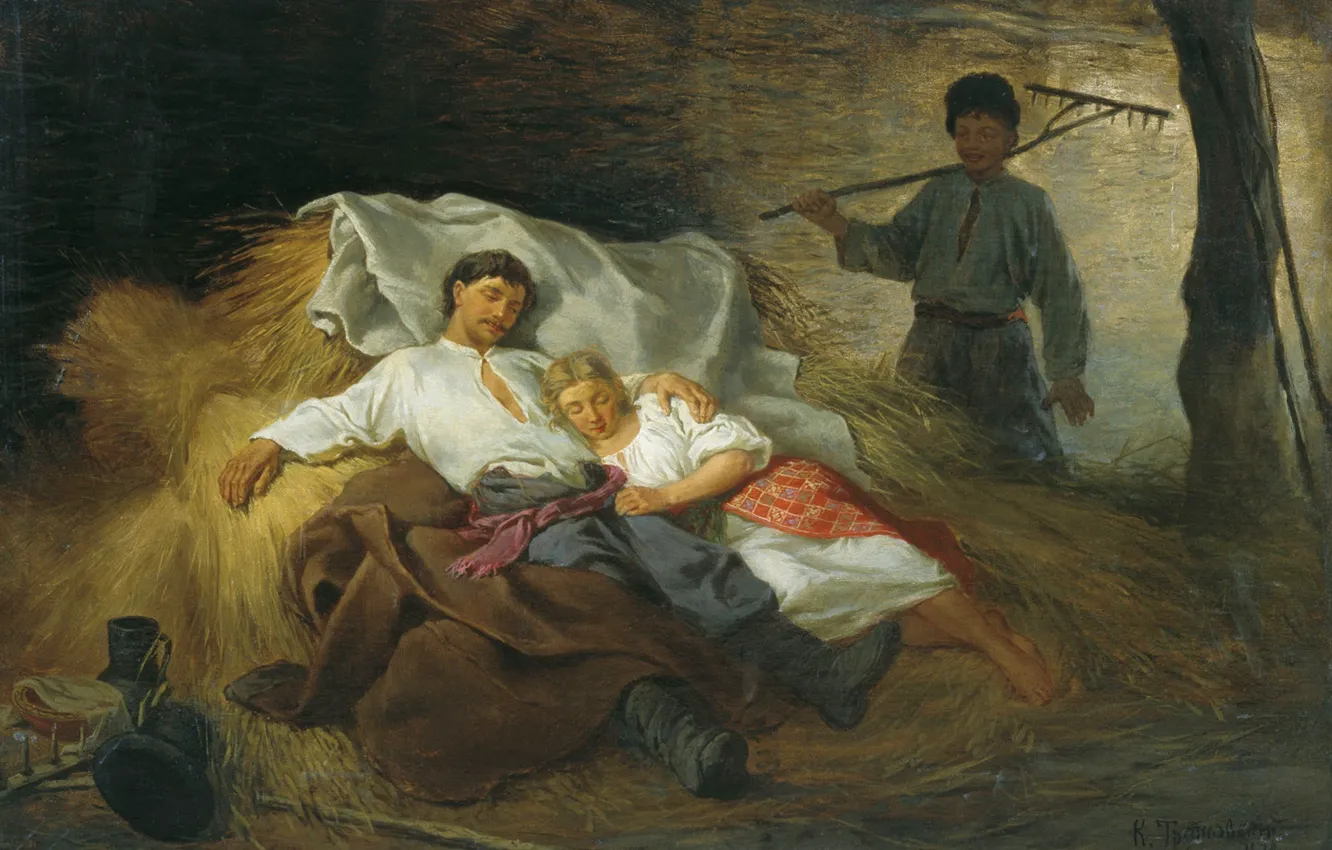 Photo wallpaper oil, picture, canvas, genre, In The Hayloft, Konstantin TRUTOVSKY