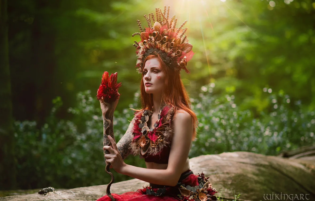 Photo wallpaper forest, look, girl, rays, light, flowers, nature, pose