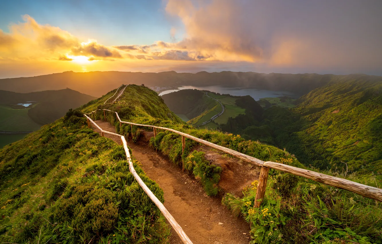 Photo wallpaper greens, summer, grass, the sun, clouds, rays, light, mountains